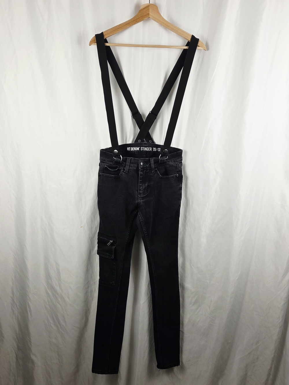 HT Denim Black Women's Suspender Skinny Stinger Cargo Pocket Jeans Size 26×32